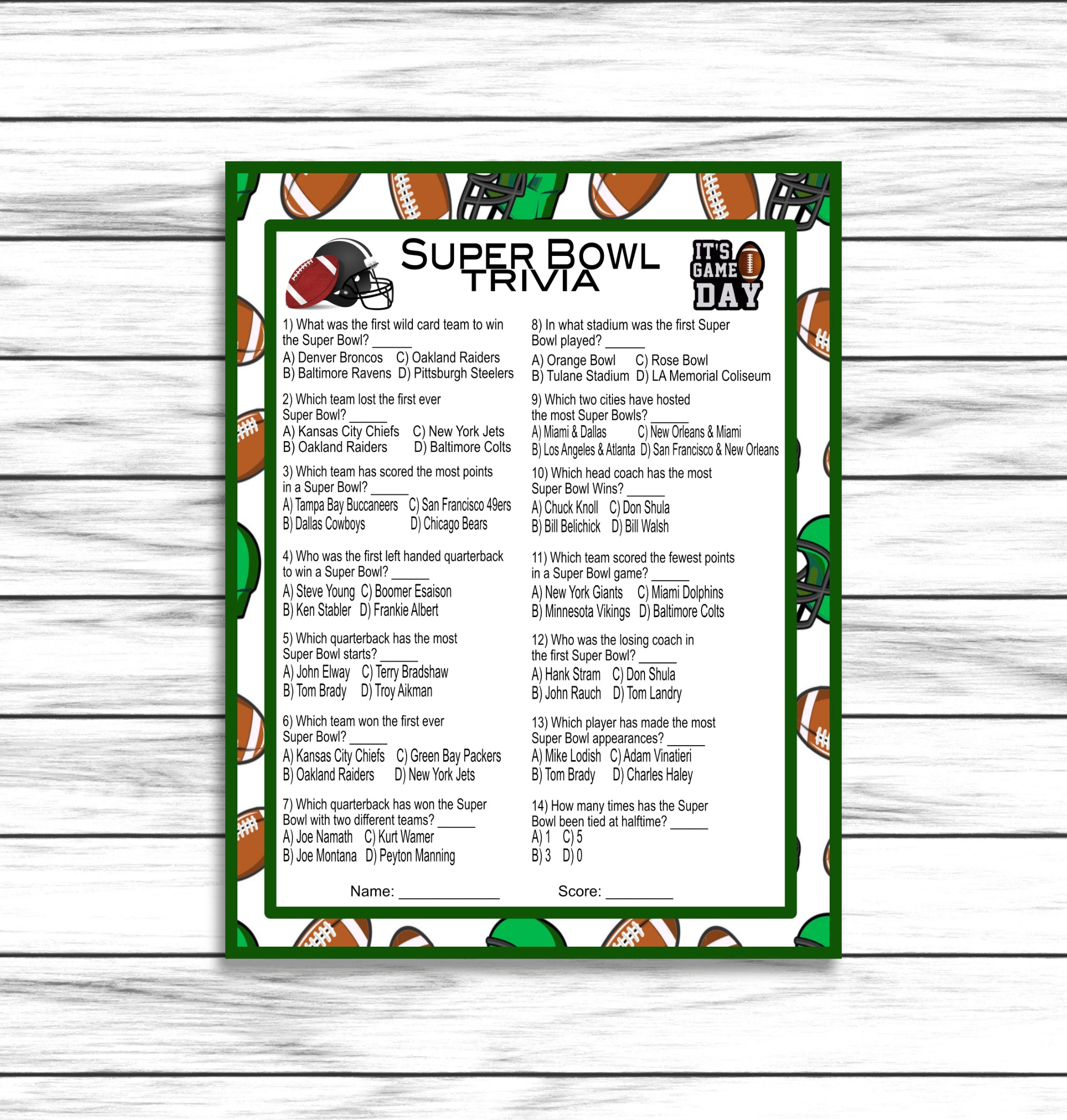 Printable Or Virtual Super Bowl Trivia Party Game, Kids Adults Family Activity, Instant Download