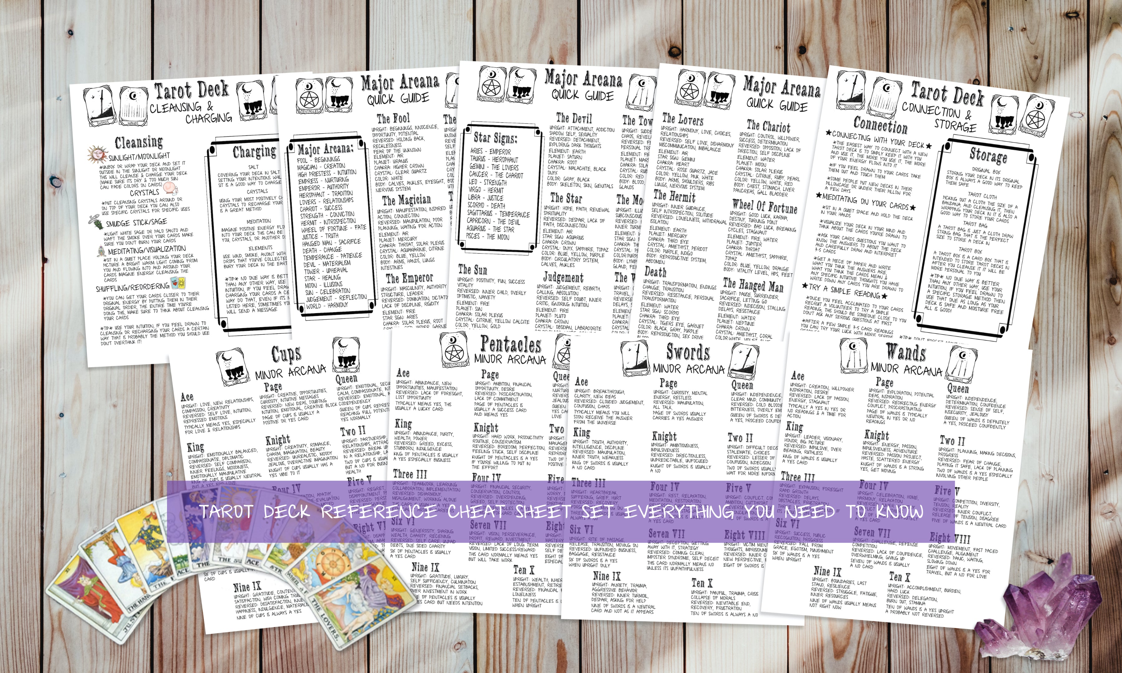 Tarot Deck Cheat Sheets |  Book Of Shadows Pages | Beginner Witchcraft Grimoire Printable Set