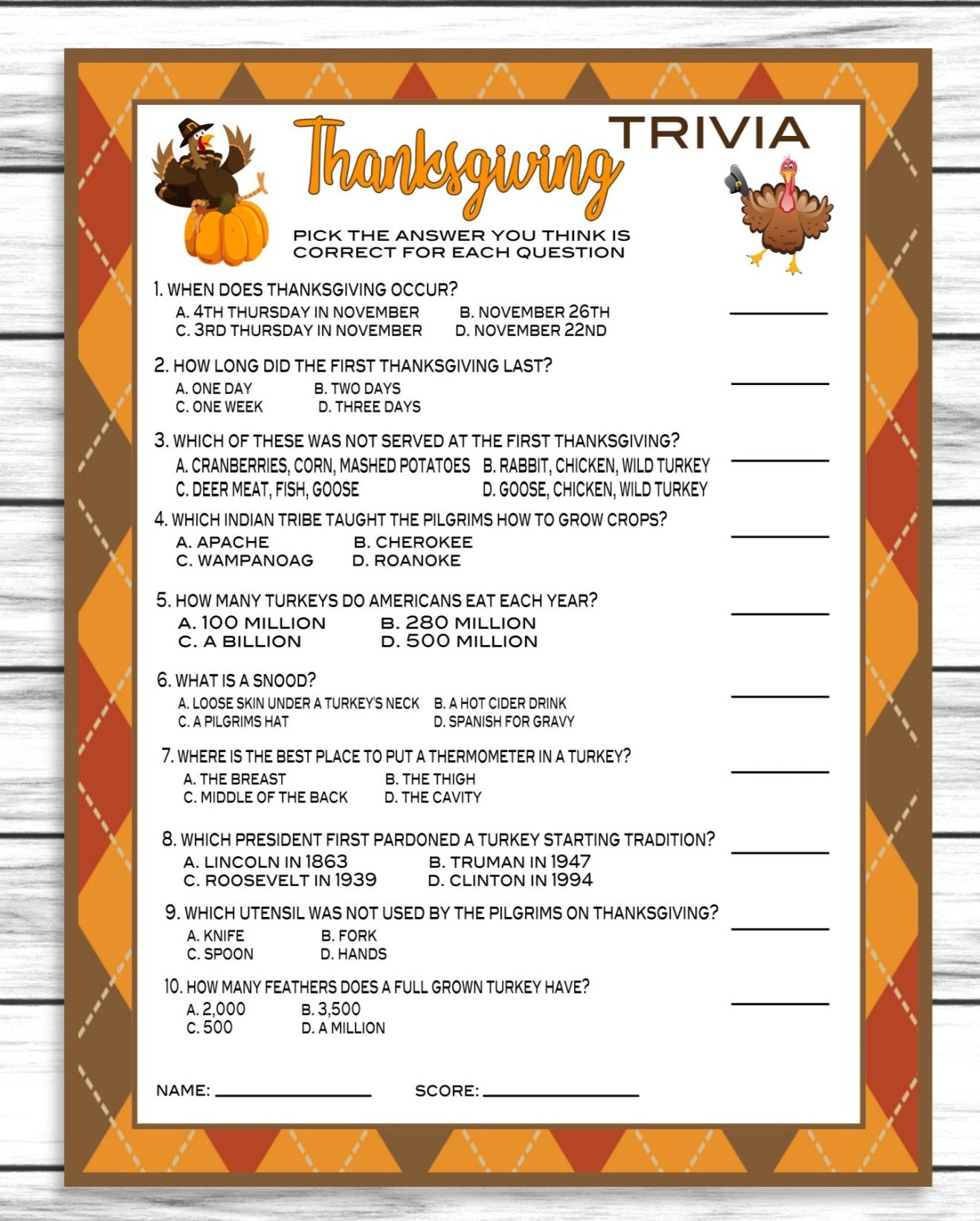 Thanksgiving Friendsgiving Party Family Trivia Game, Printable Kids Activity Sheet, Instant Download