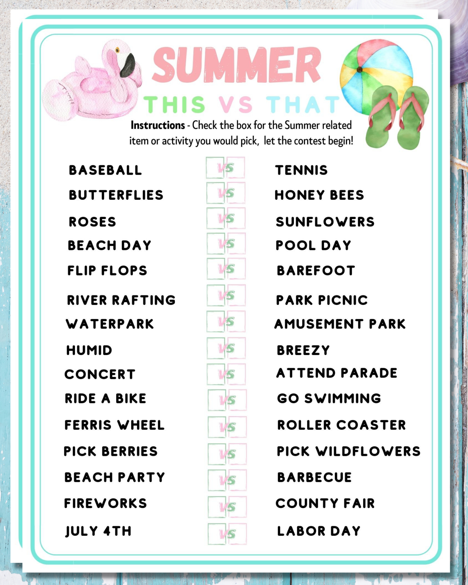 Summer This Vs That Printable Game Fun Party Activity For Kids & Adults Office Classroom Seniors Church Event Vacation Game