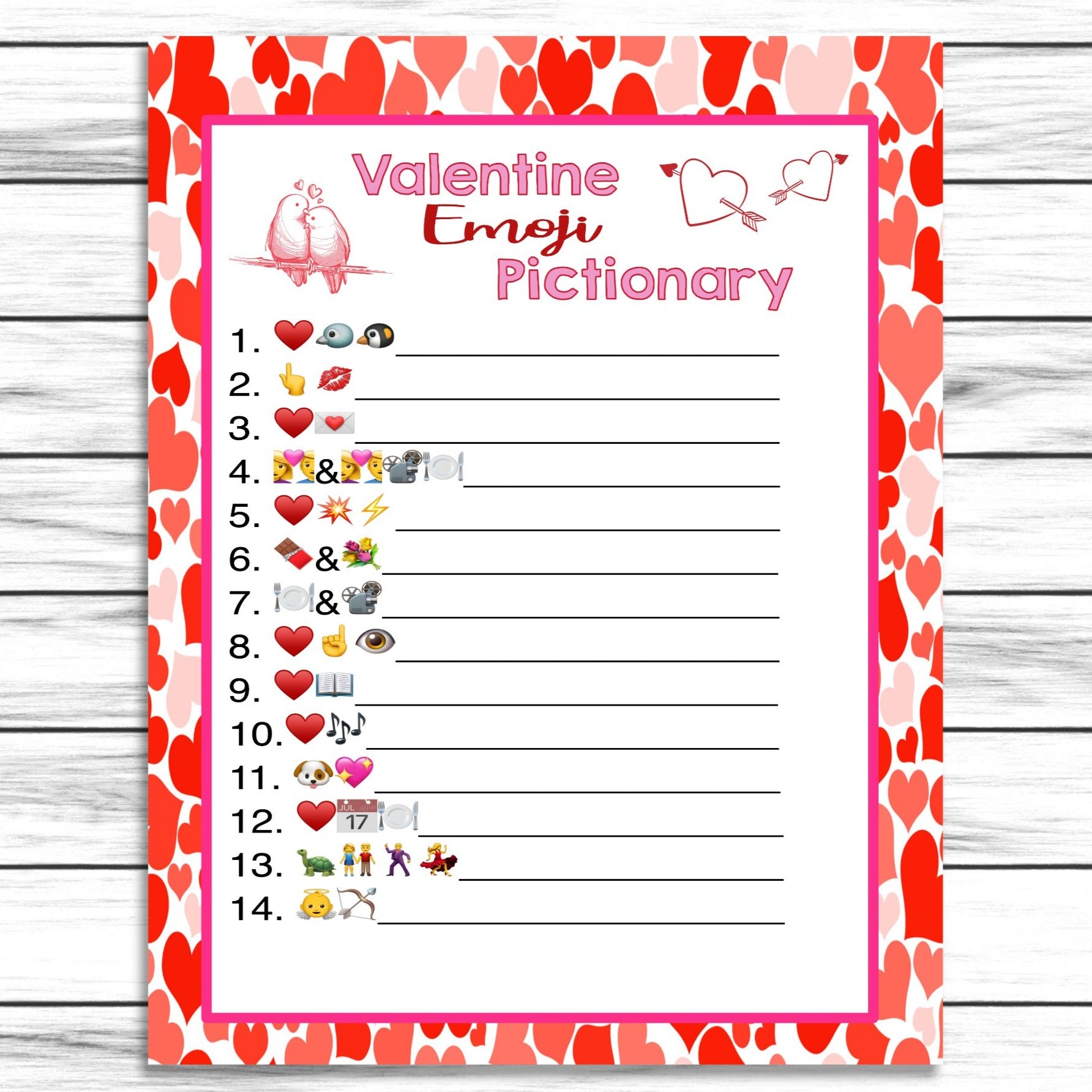 Valentines Day Emoji Pictionary Printable Or Virtual Game, Kids Adults Activity, Instant Download