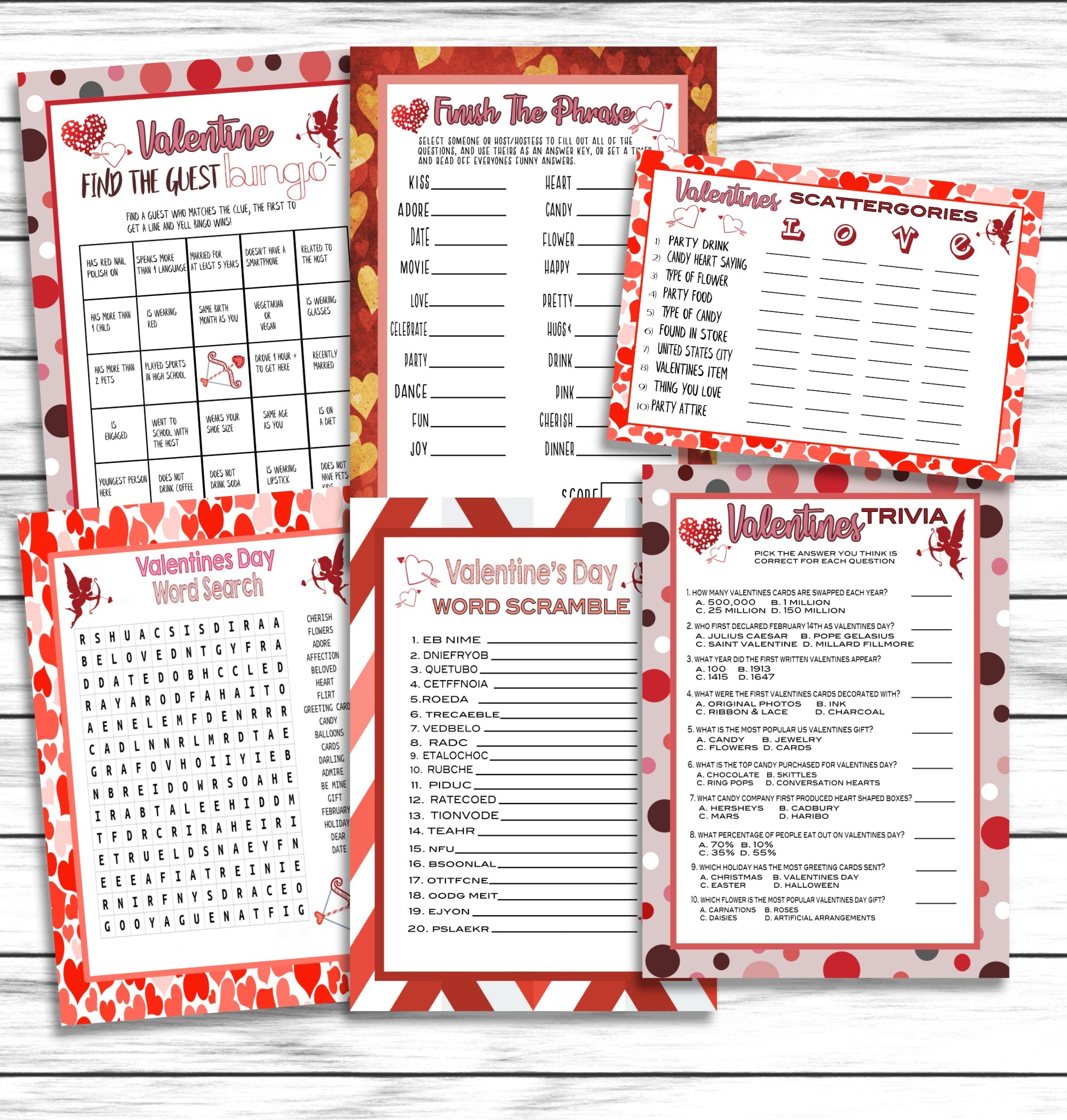 Valentines Day Party Family Game Set, Printable or Virtual Kids Adults Activity Bundle, Instant Download