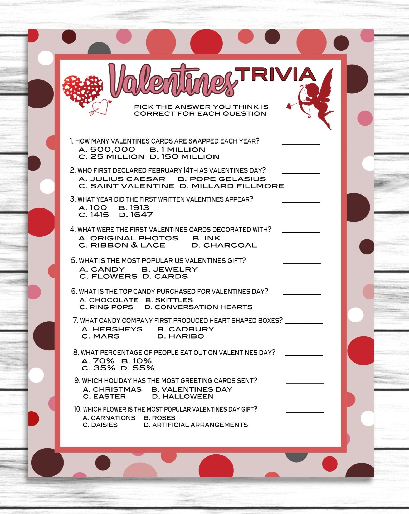 Valentines Day Trivia Printable Or Virtual Game, Kids Adults Activity, Instant Download