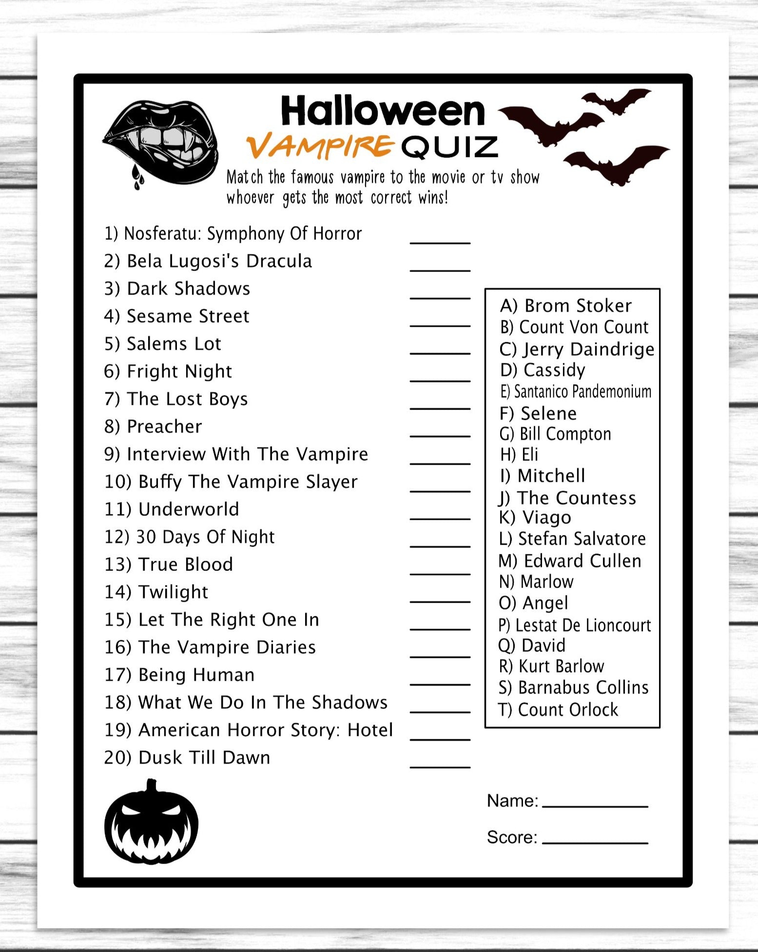 Halloween Vampire Quiz Costume Party, Horror Movie Game, Printable Or Virtual Kids Classroom or Adults Office Activity, Instant Download