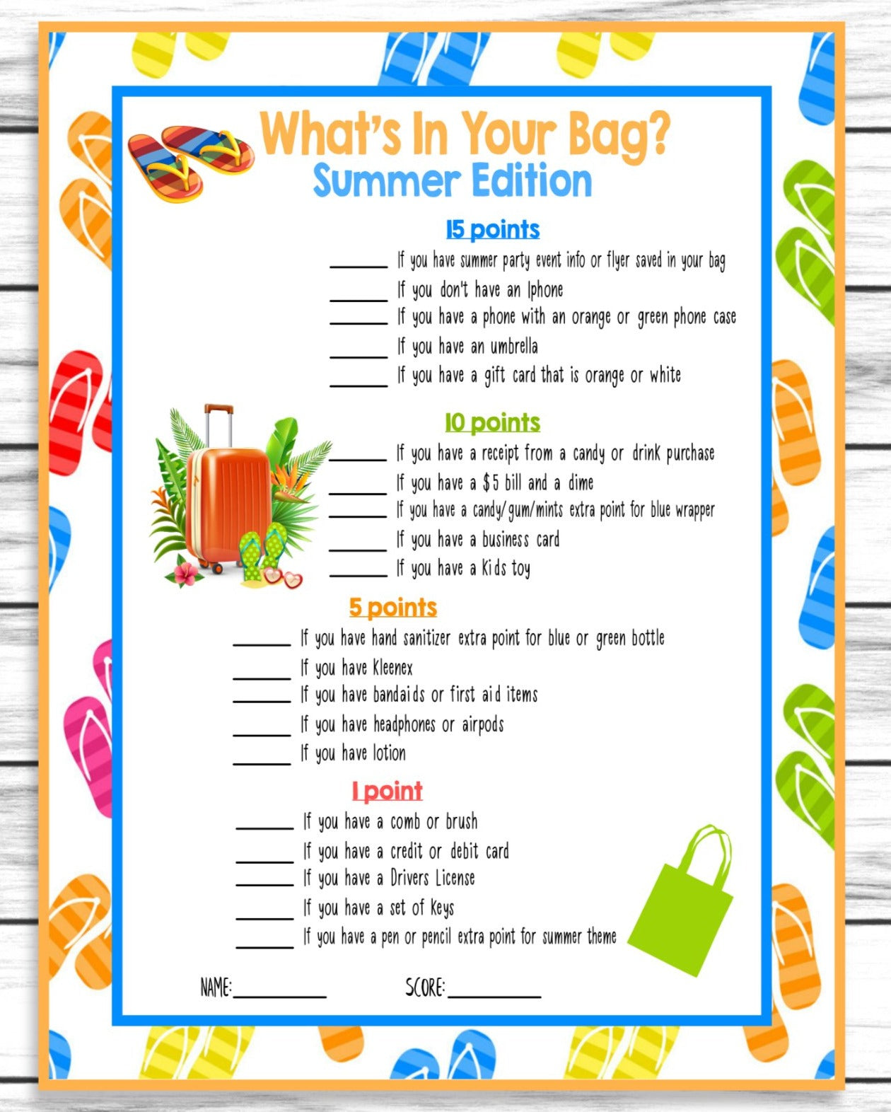 Summer Party Family Reunion Whats in Your Bag, Purse Game, Printable Kids Activity Sheet, Instant Download
