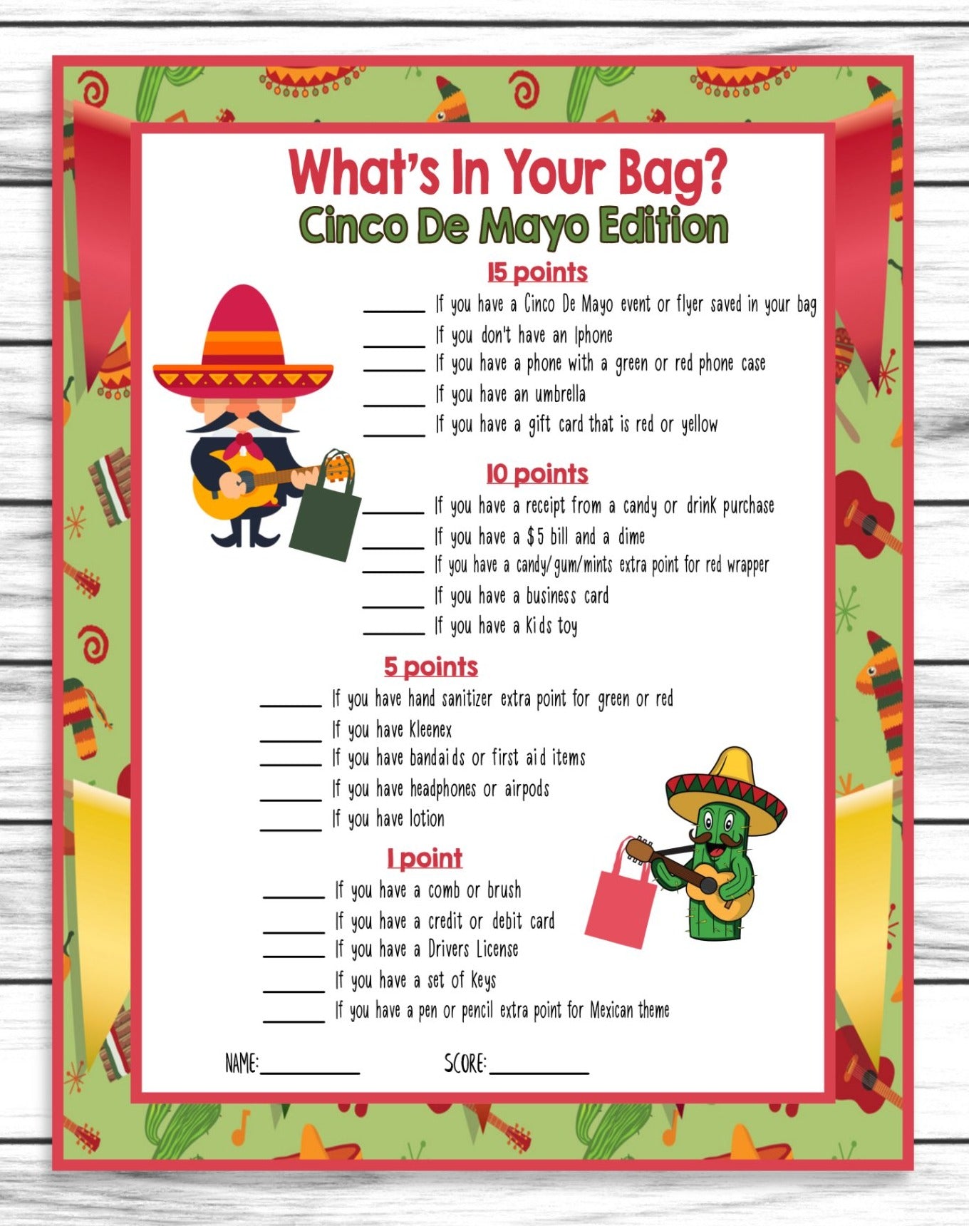 Cinco De Mayo Whats In Your Bag Game, Printable Teens Adults Party Activity, Instant Download