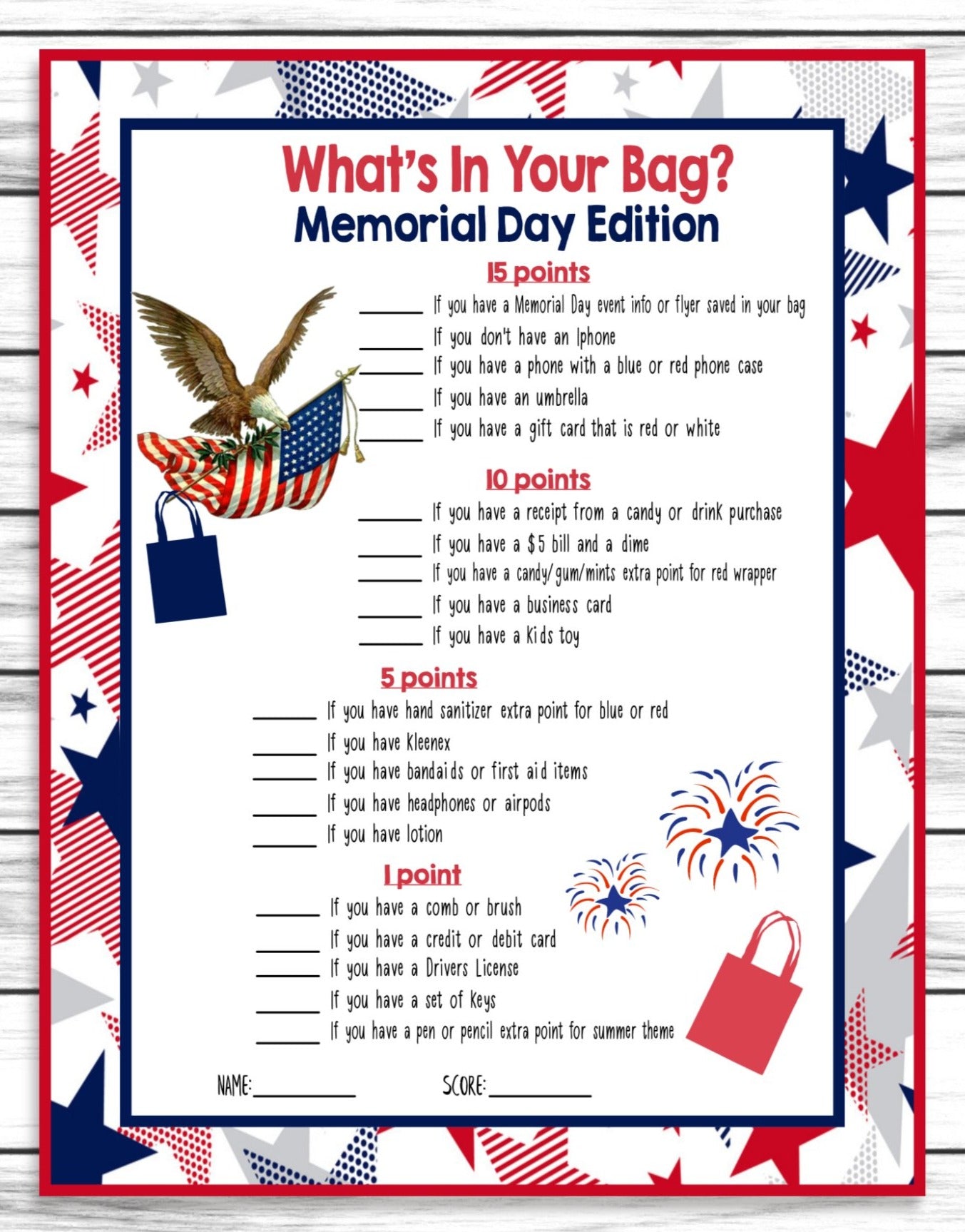 Memorial Day Whats In Your Bag Game, Printable Teens Adults Party Activity, Instant Download