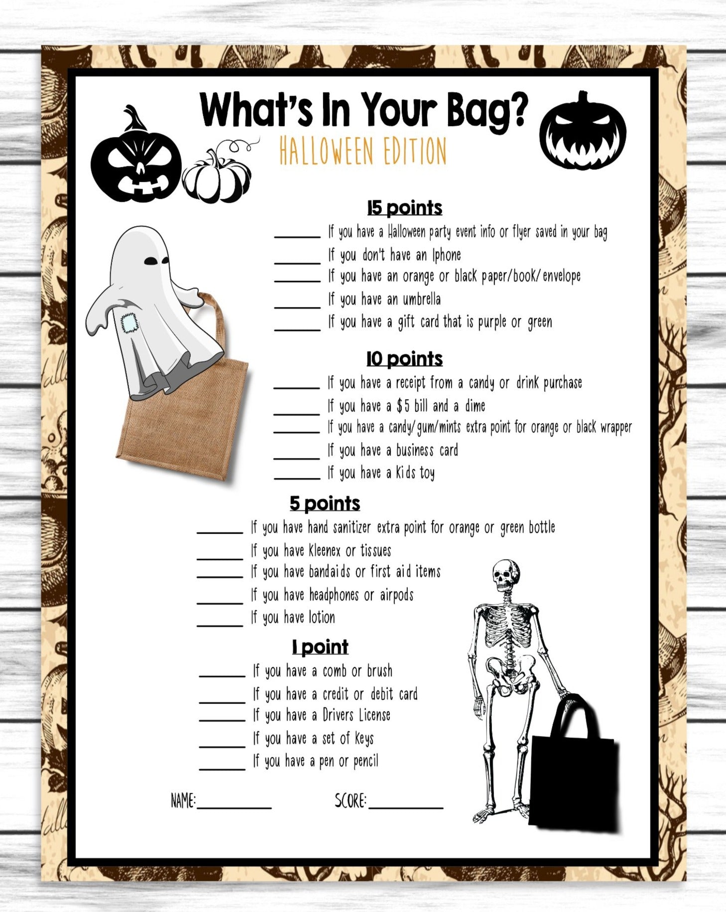 Halloween Whats In Your Bag Costume Party Game, Printable Or Virtual Kids Classroom or Adults Office Activity, Instant Download