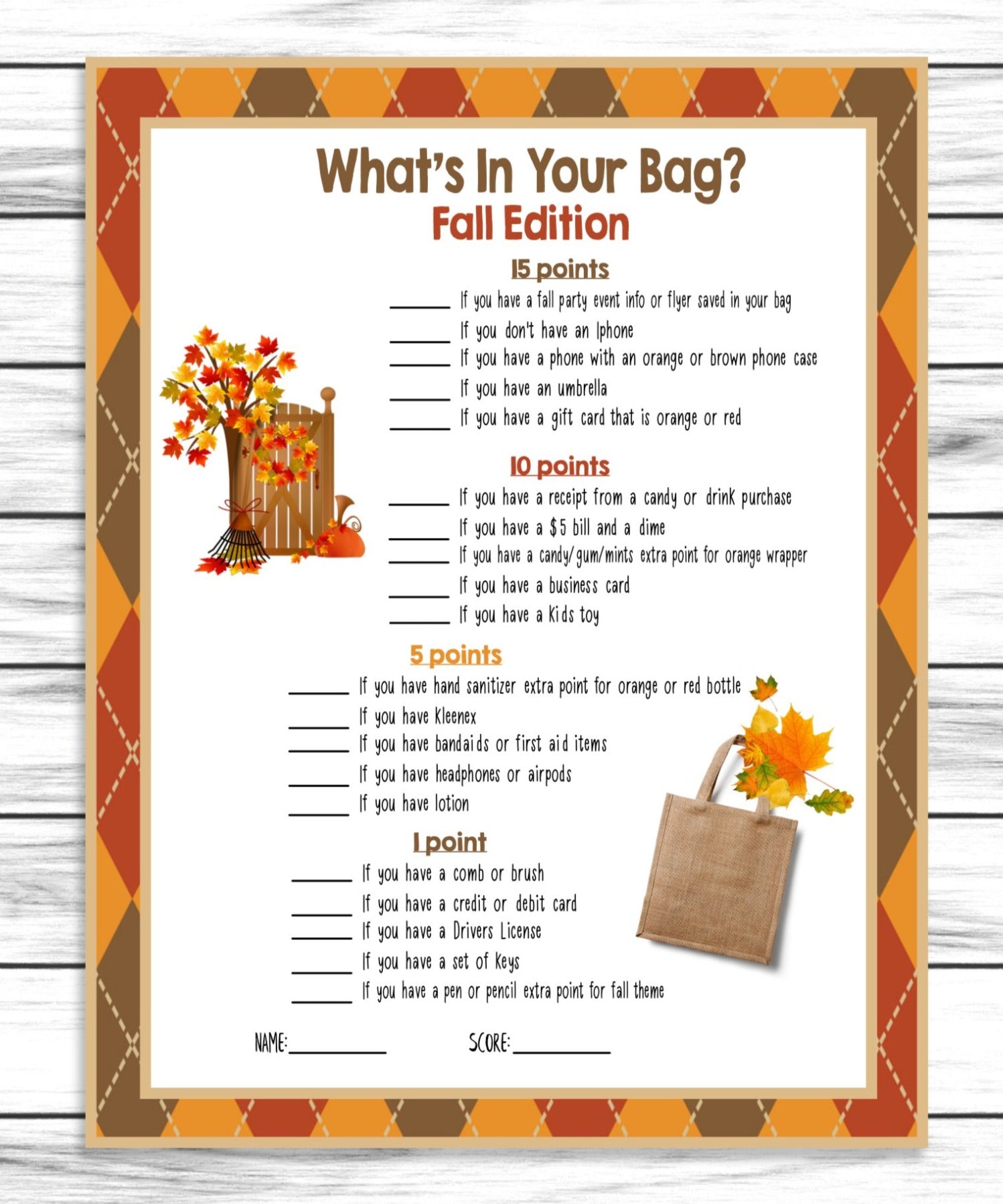 Fall Autumn Party Gathering Whats in Your Bag, Purse Game, Printable Activity, Instant Download