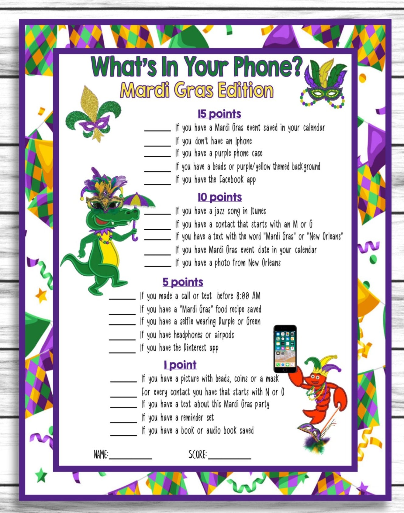 Mardi Gras Whats In Your Phone Game, Party Game, Instant Download, Printable or Virtual