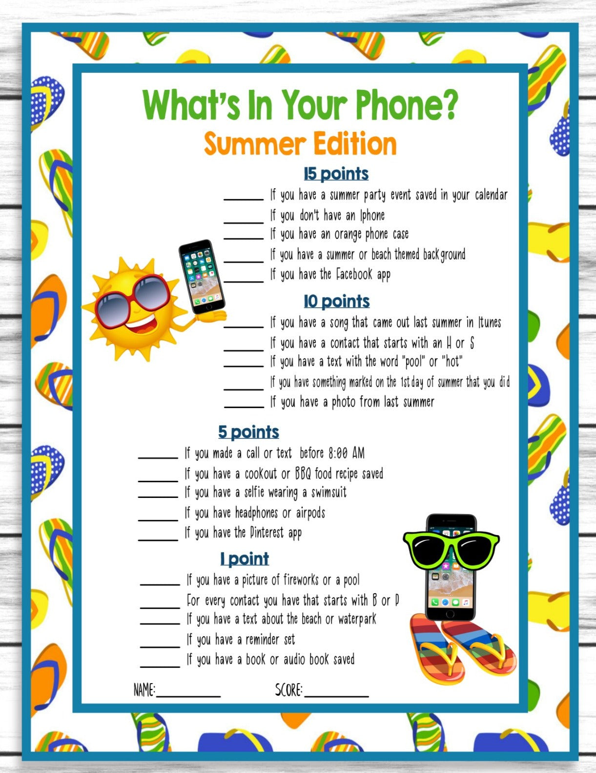Summer Party Family Reunion Phone Game, Printable Kids Activity Sheet, Instant Download