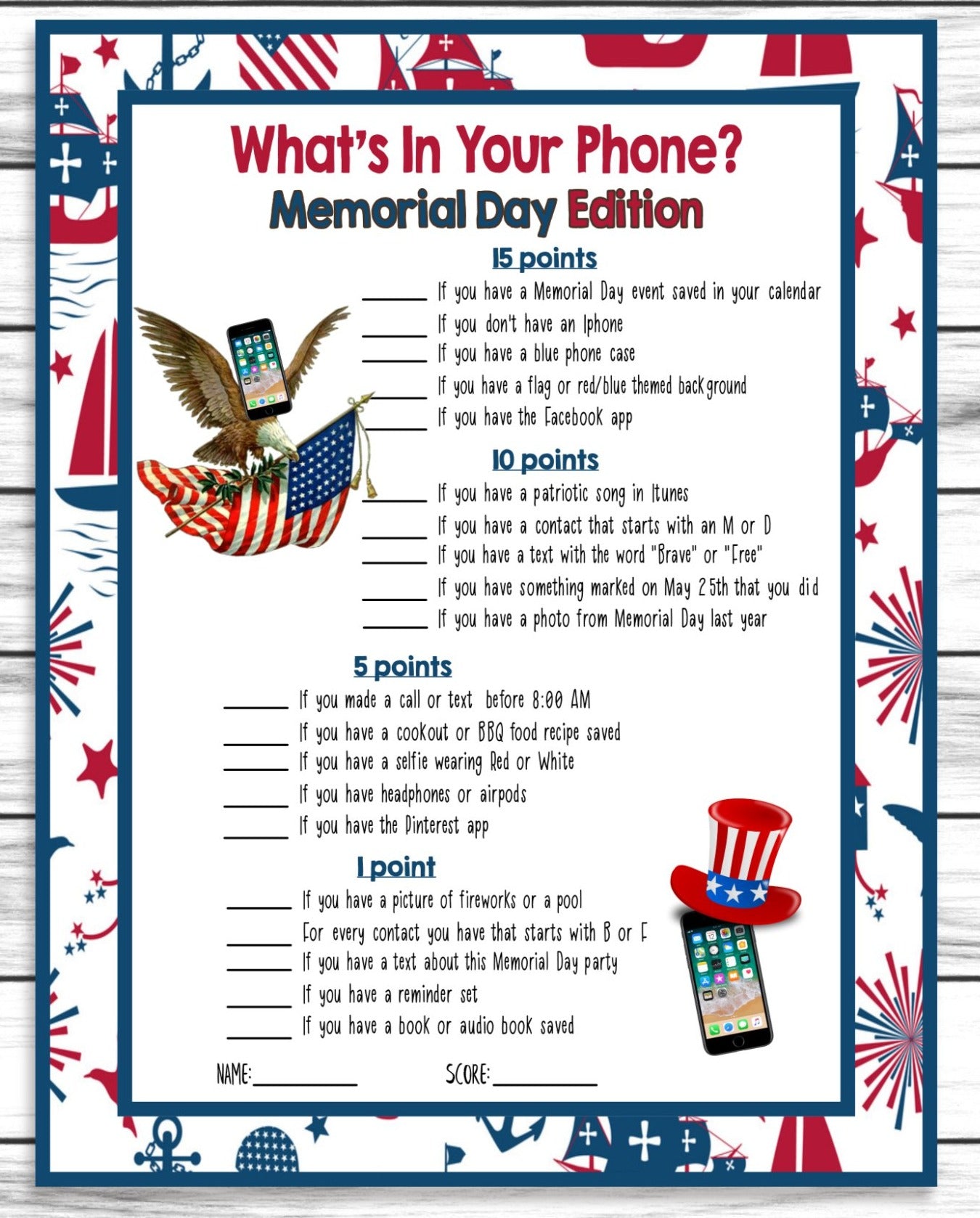 Memorial Day Party Phone Game, Printable Teens Adults Party Activity, Instant Download
