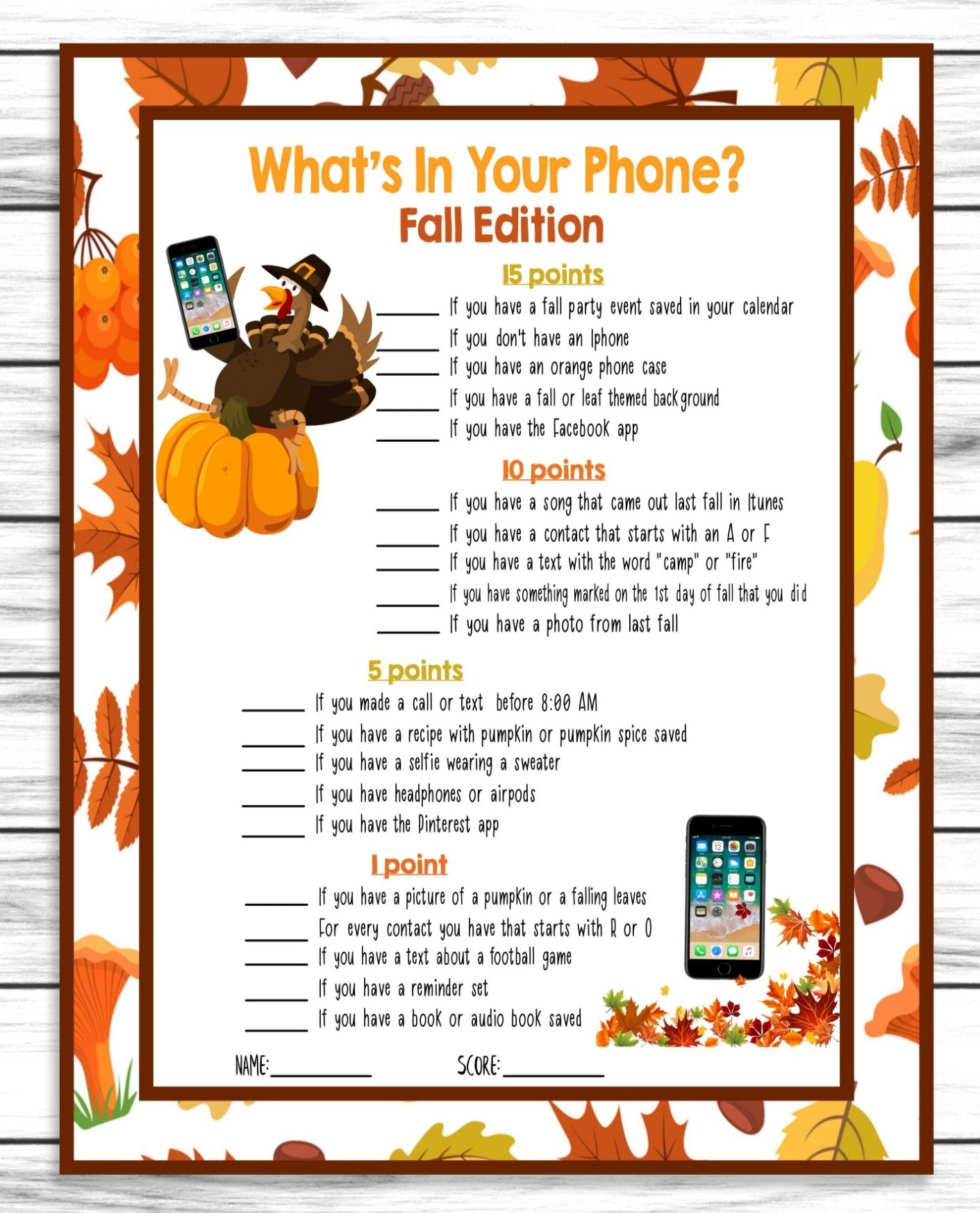 Fall Autumn Party Family Reunion Phone Game, Printable Adults Kids Activity, Instant Download