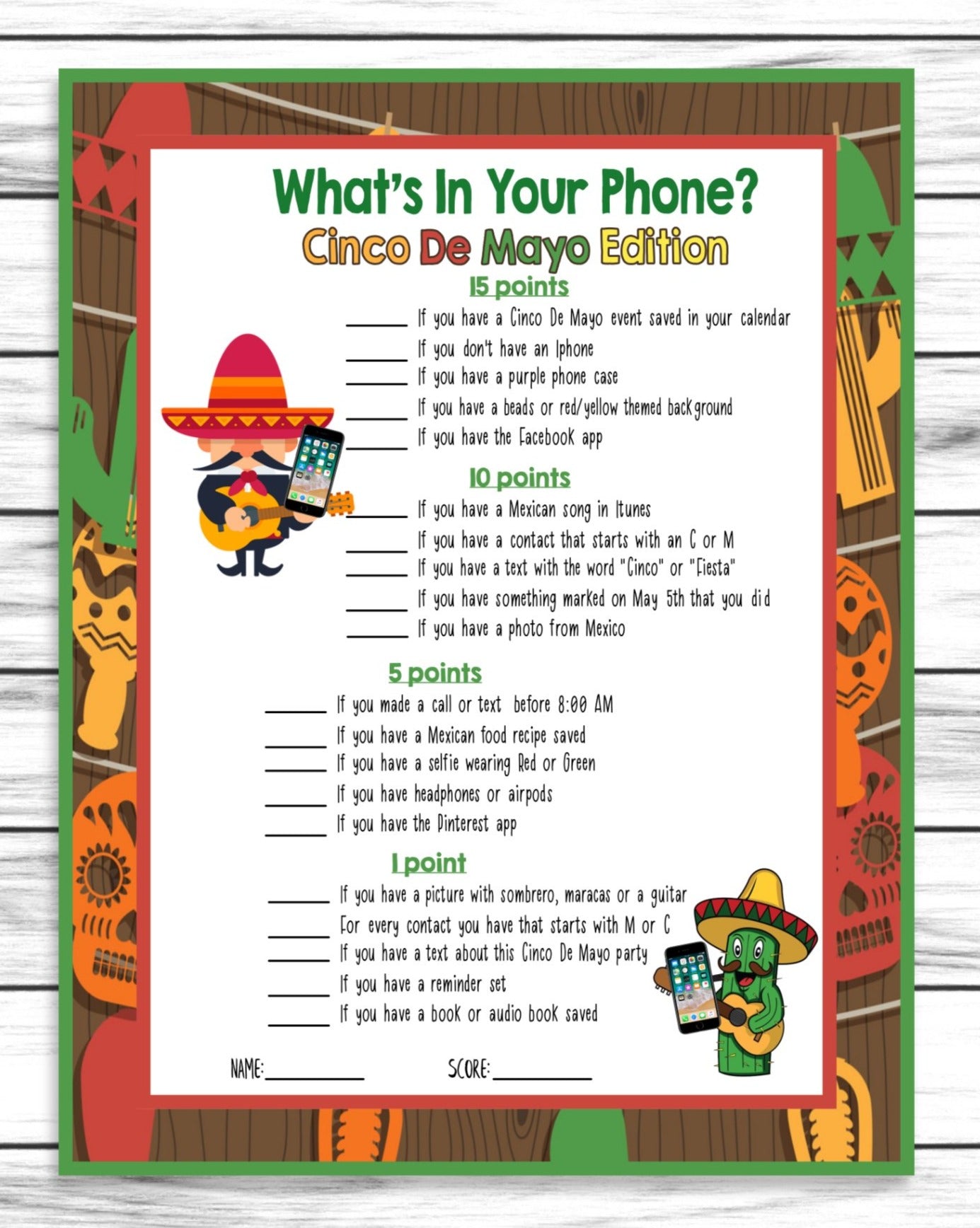 Cinco De Mayo Phone Game, Printable Teens Adults Party Activity, Instant Download