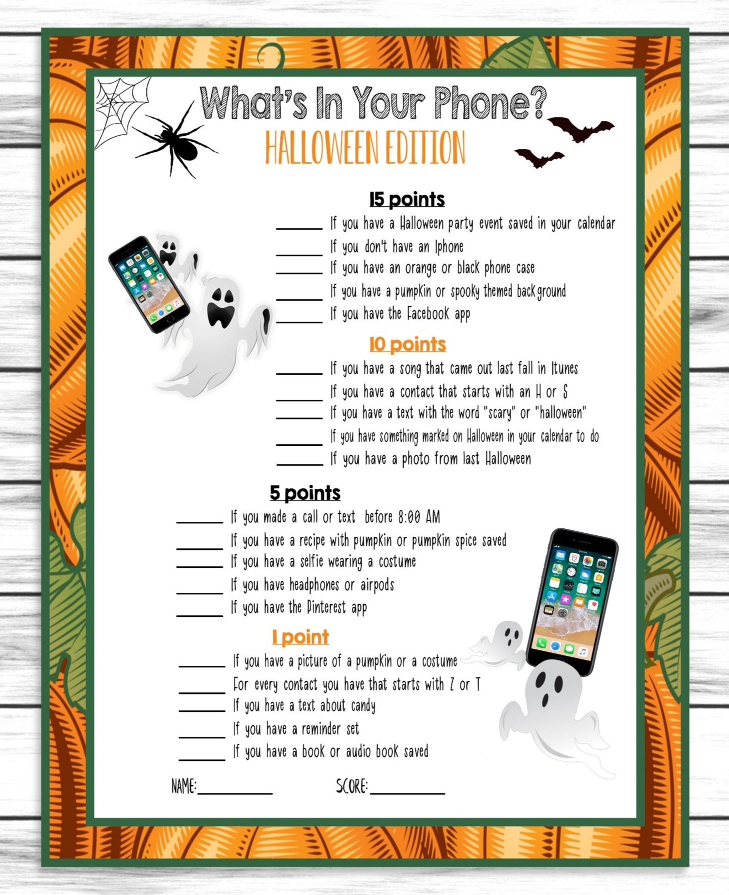 Halloween Whats In Your Phone Costume Party Game, Printable Or Virtual Kids Classroom or Adults Office Activity, Instant Download