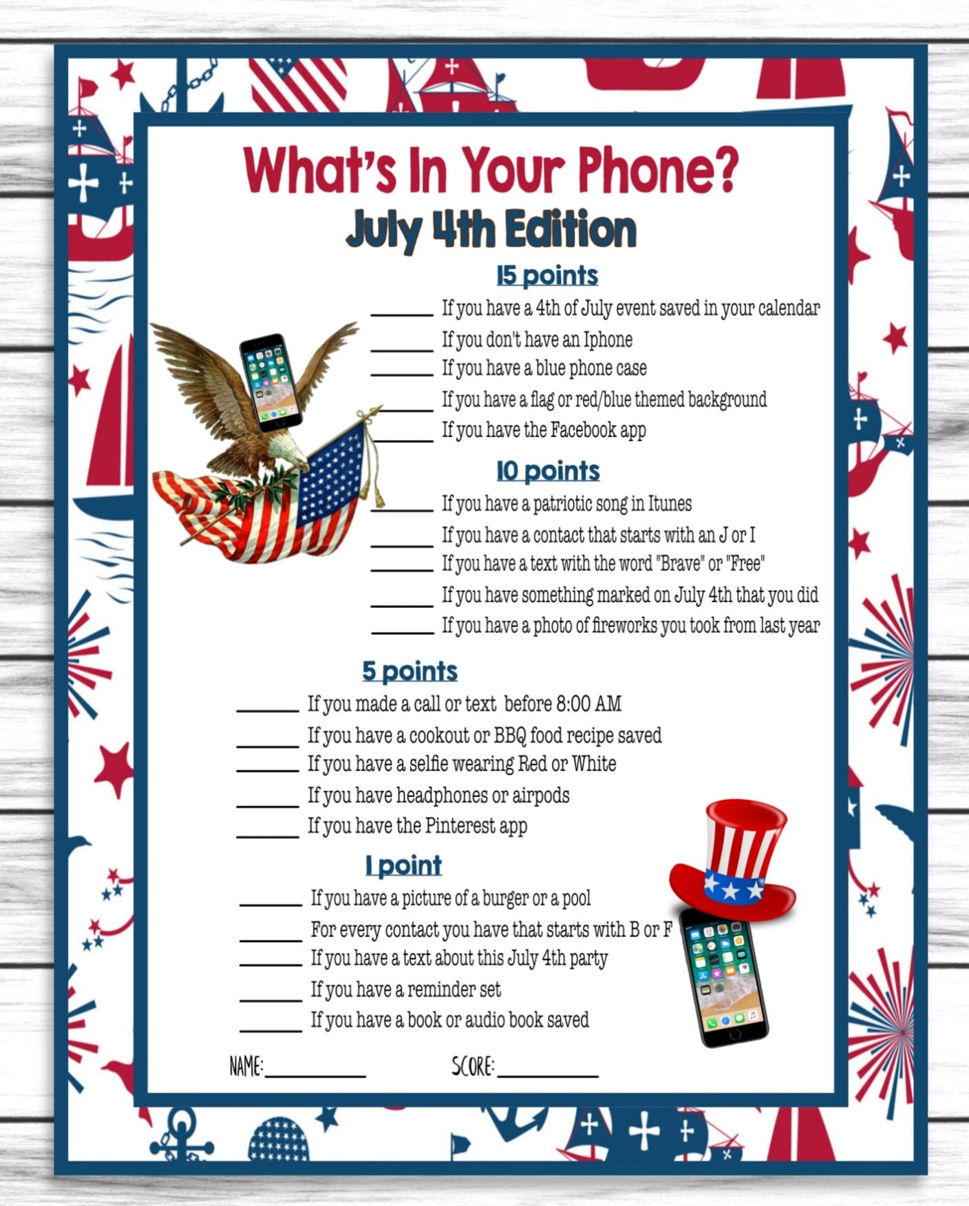 July 4th Party Phone Game, Printable Kids Activity Sheet, Instant Download