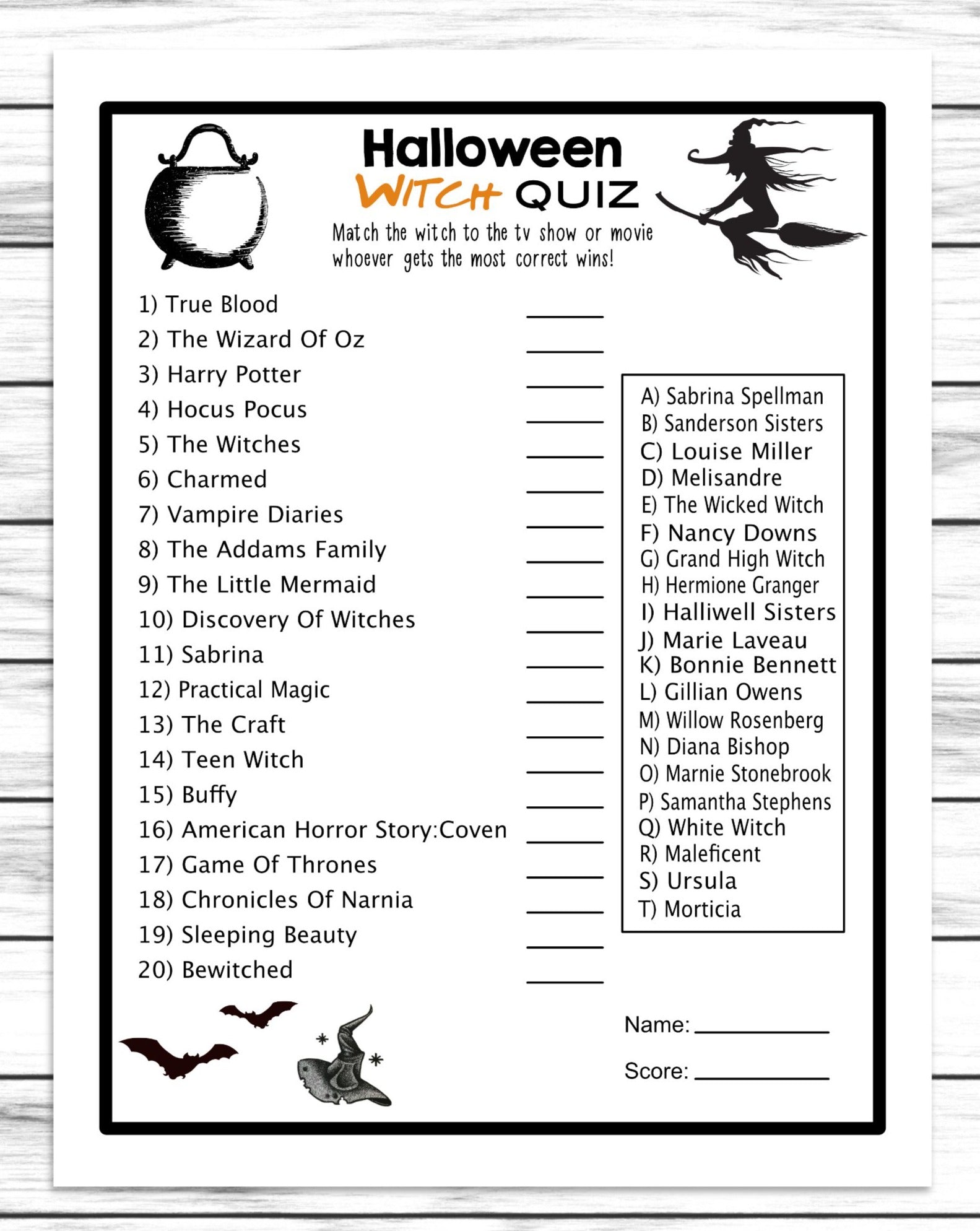 Halloween Witch Quiz Costume Party, Horror Movie Game, Printable Or Virtual Kids Classroom or Adults Office Activity, Instant Download