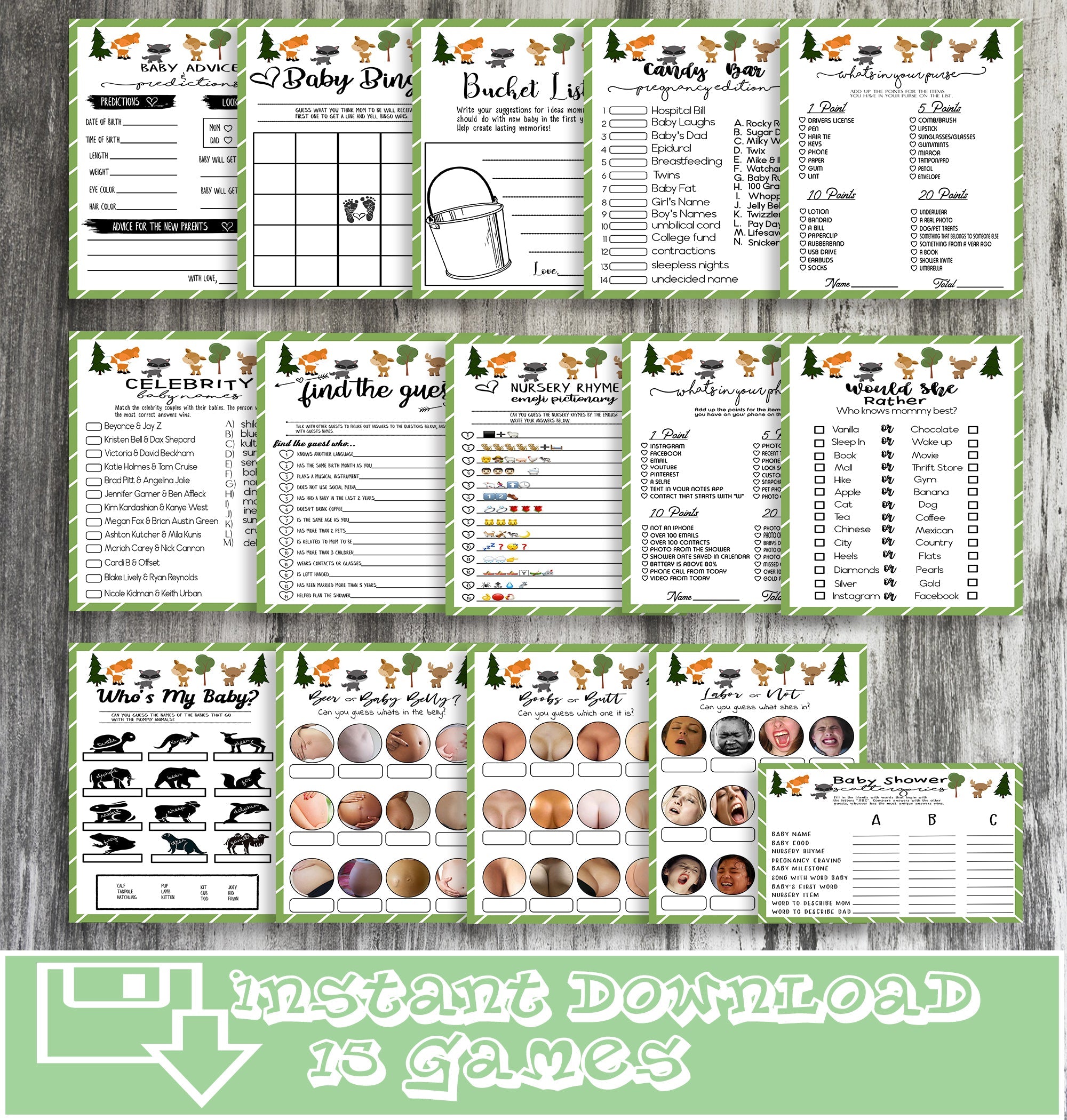 Woodland Baby Shower 15 Games Set | Boobs or Butt, Labor or Porn, Beer Belly or Baby Bump | Printable Instant Download Games