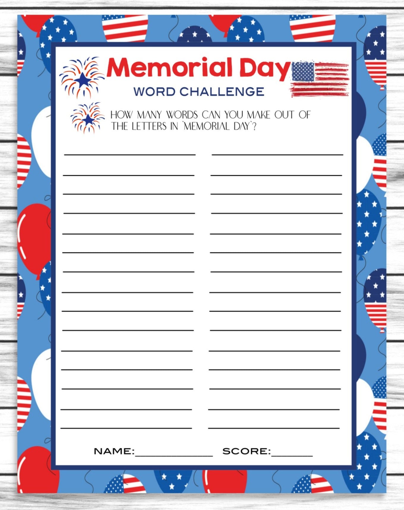 Memorial Day Word Challenge Game, Printable Kids Activity Sheet, Instant Download Party Party Idea