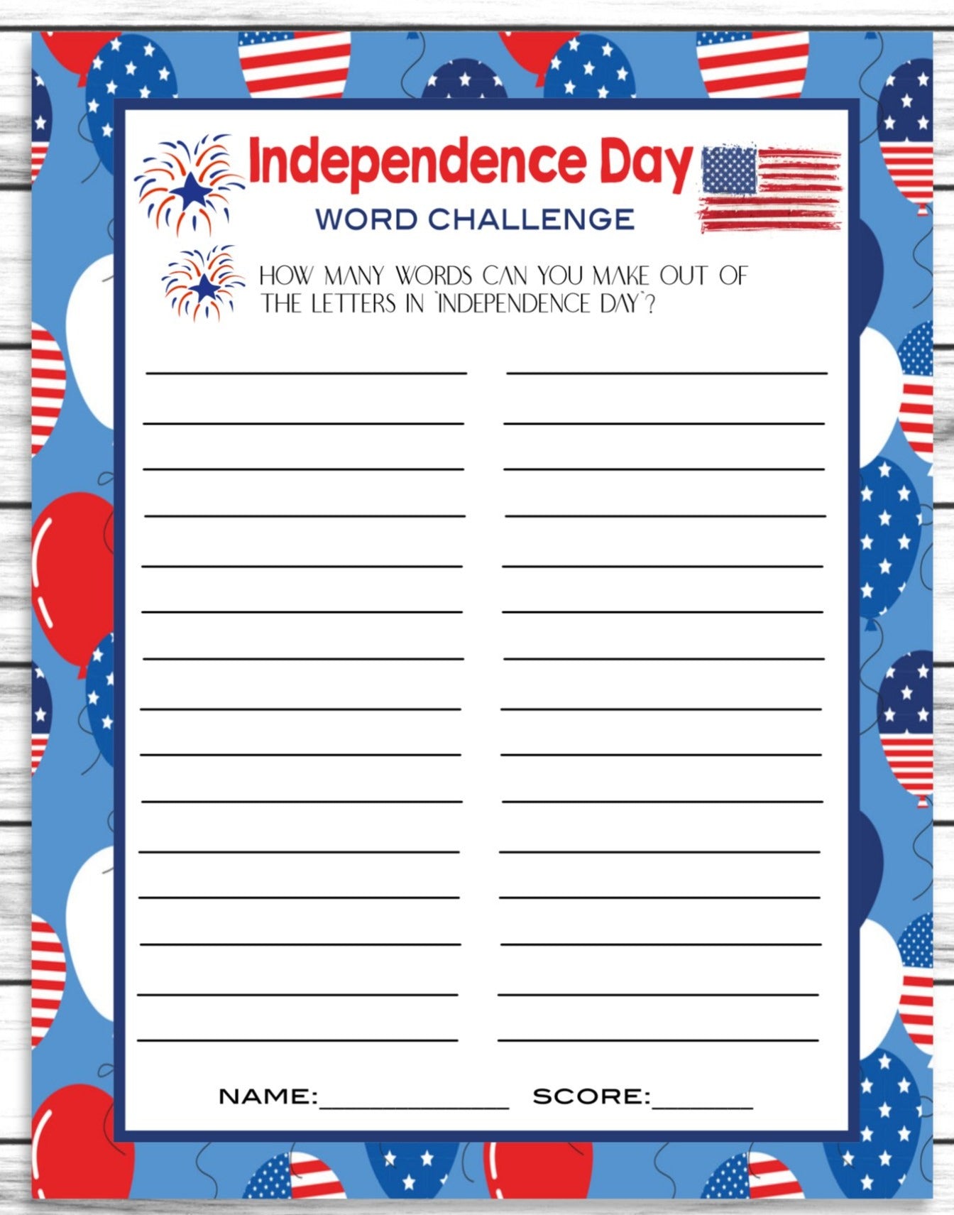 July 4th Party Word Challenge Game, Printable Kids Activity Sheet, Instant Download