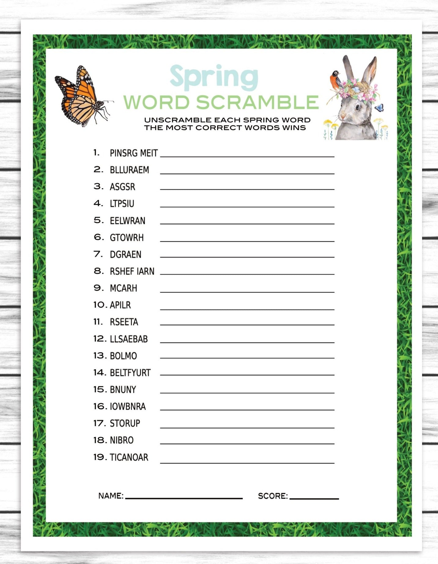 Spring Party Word Scramble Jumble Puzzle, Kids Or Adults Spring Printable Or Virtual Word Game