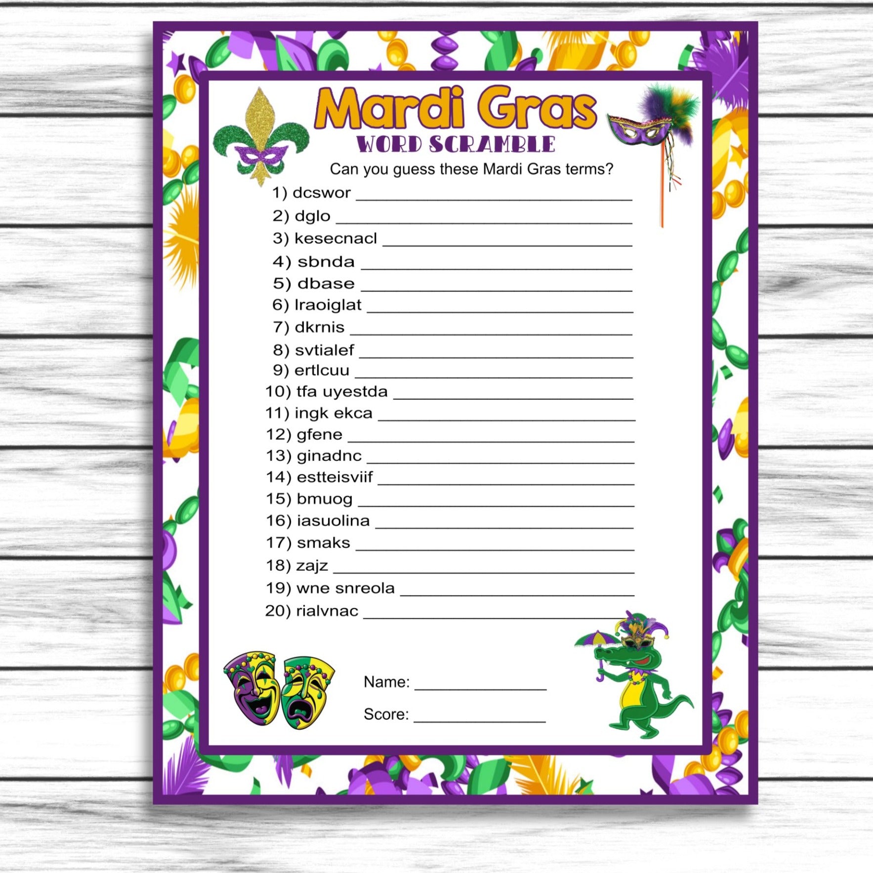 Mardi Gras Word Scramble Game, Party Game, Instant Download, Printable or Virtual