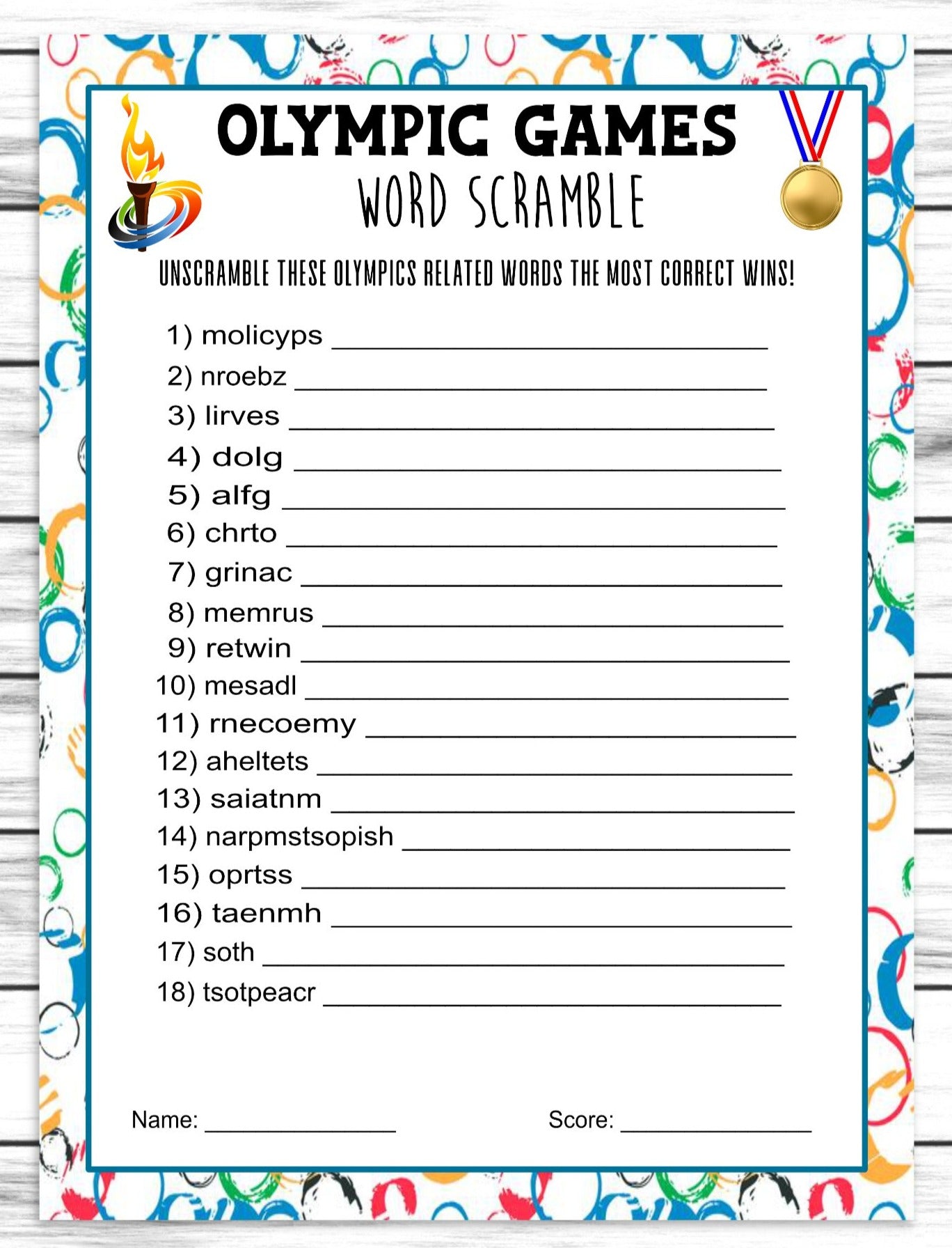 Summer Olympics Word Scramble | Printable Olympiad Activity Sheet | Instant Download Party Quiz