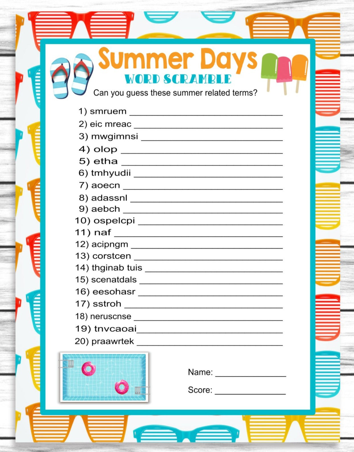 Summer Party Family Reunion Word Scramble Game, Printable Kids Activity Sheet, Instant Download
