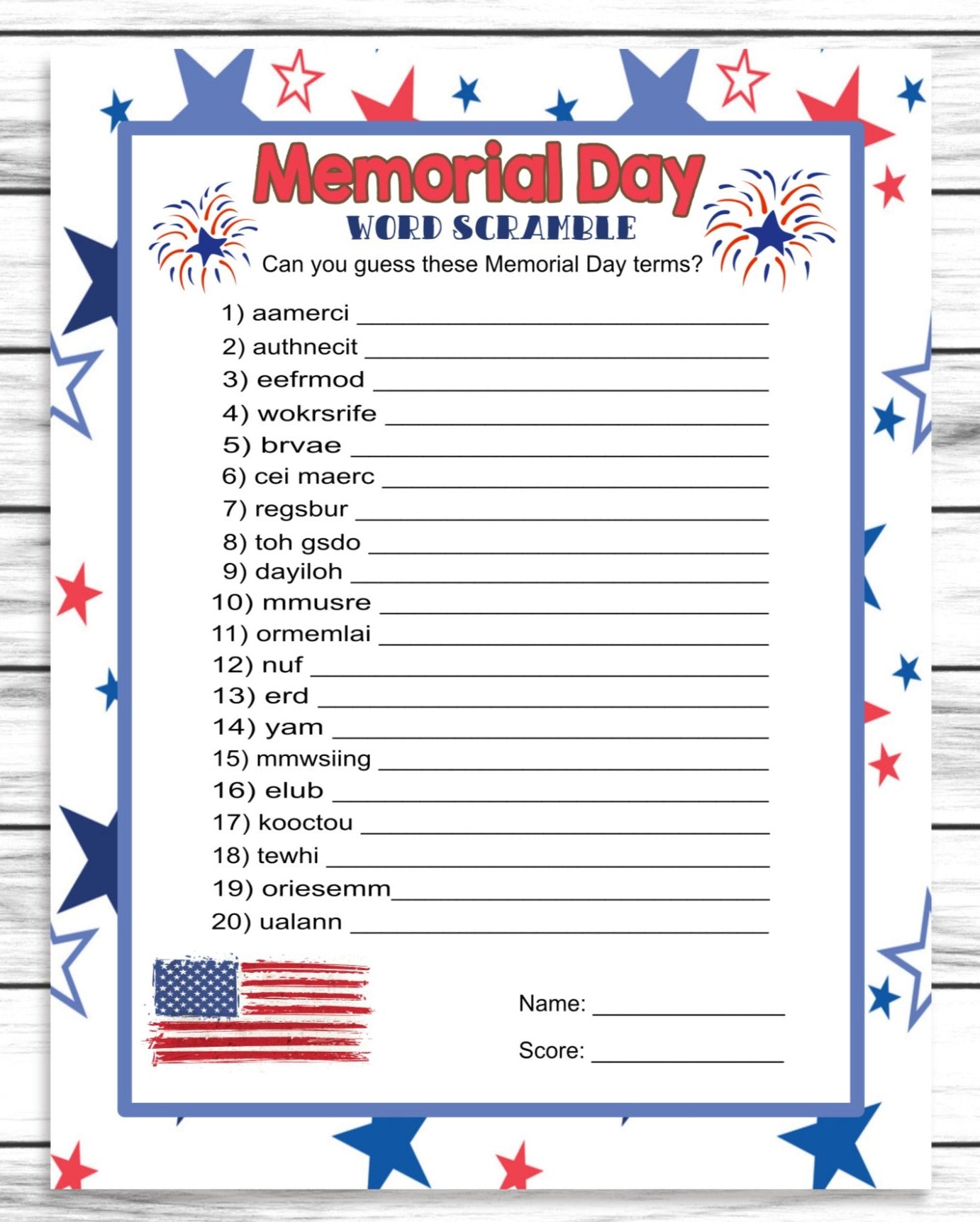 Memorial Day Word Scramble Game, Printable Kids Activity Sheet, Instant Download Party Game