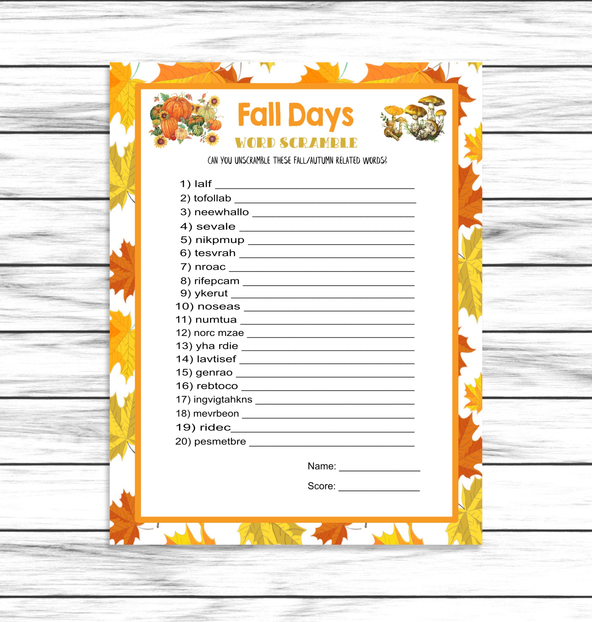 Fall Party Autumn Word Scramble Game, Printable Kids Activity Sheet, Instant Download