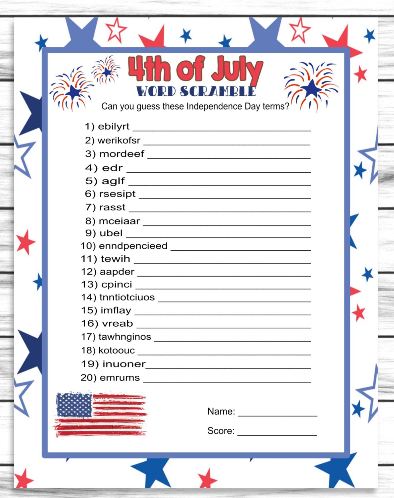 July 4th Party Word Scramble Game, Printable Kids Activity Sheet, Instant Download