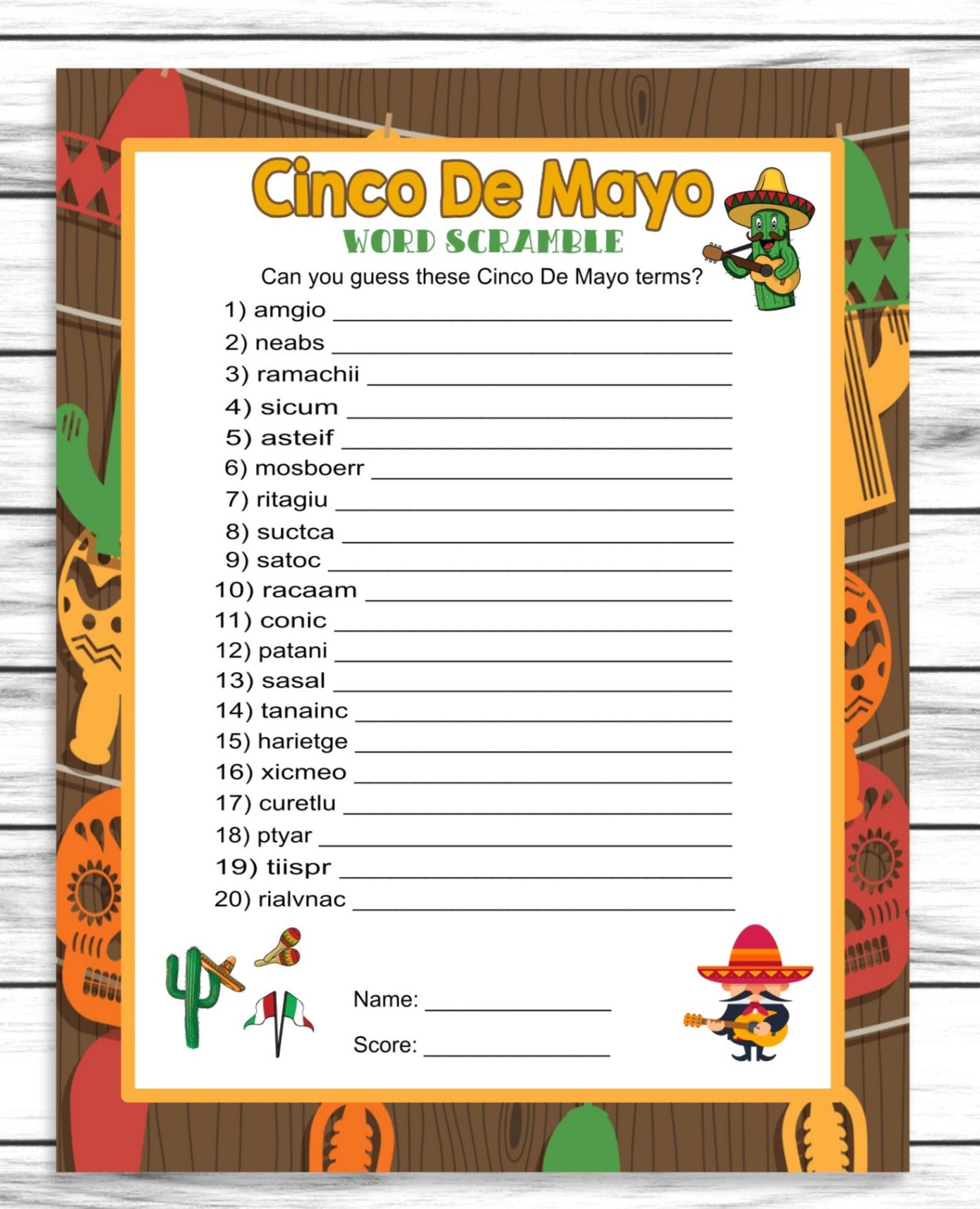 Cinco De Mayo Word Scramble Game, Printable Kids Activity Sheet, Instant Download Party Game