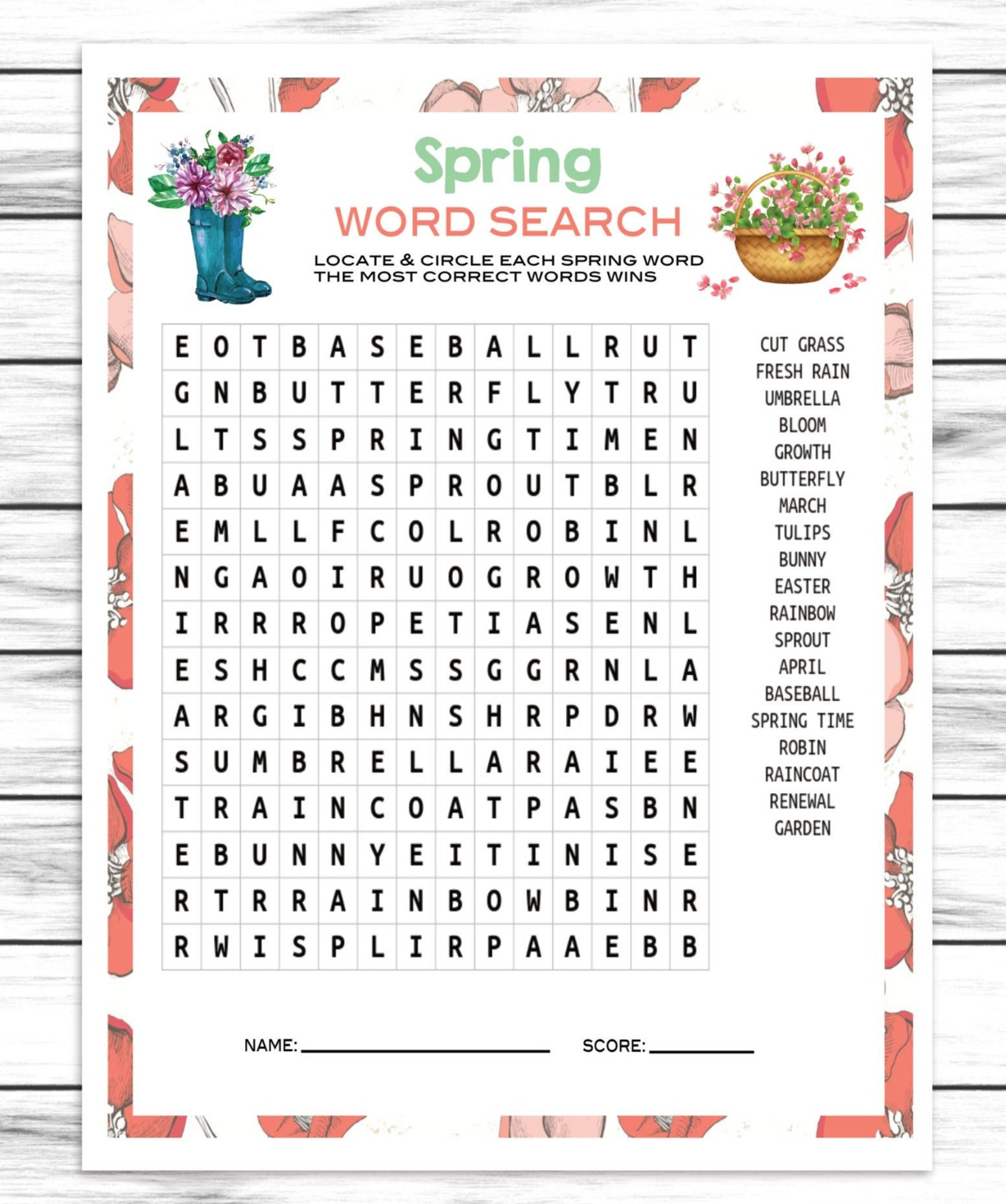 Spring Party Word Search Find Puzzle, Kids Or Adults Spring Printable Or Virtual Word Game