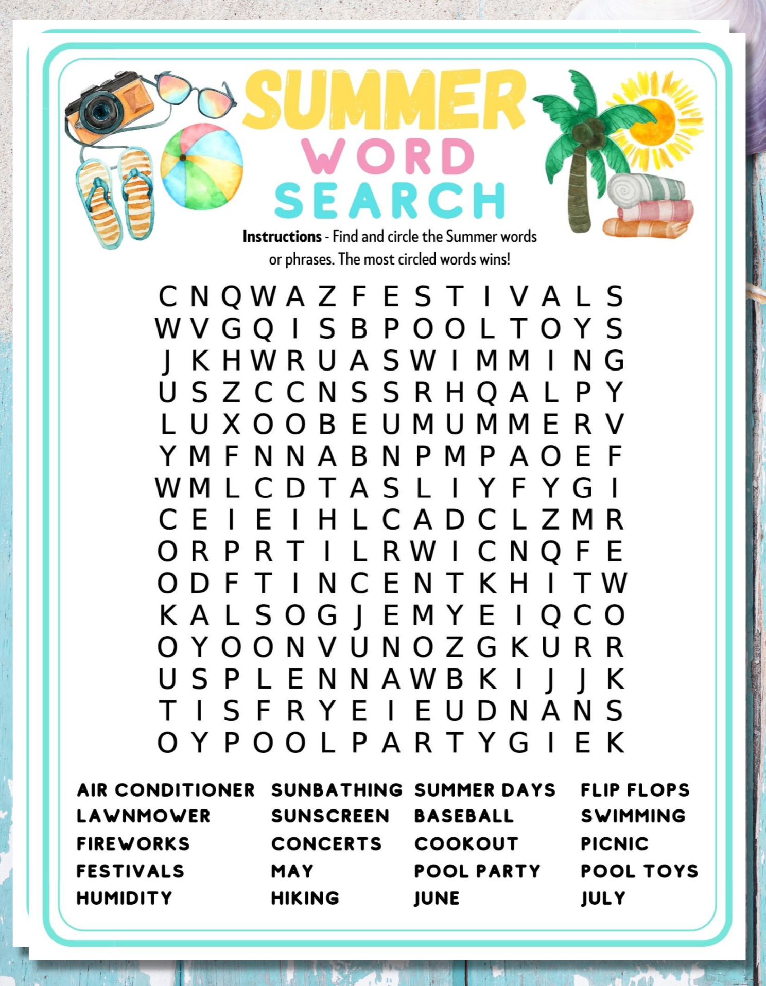 Summer Word Search Printable Game Party Kids Adults Activity Seniors Classroom Office Quiz Family Reunion