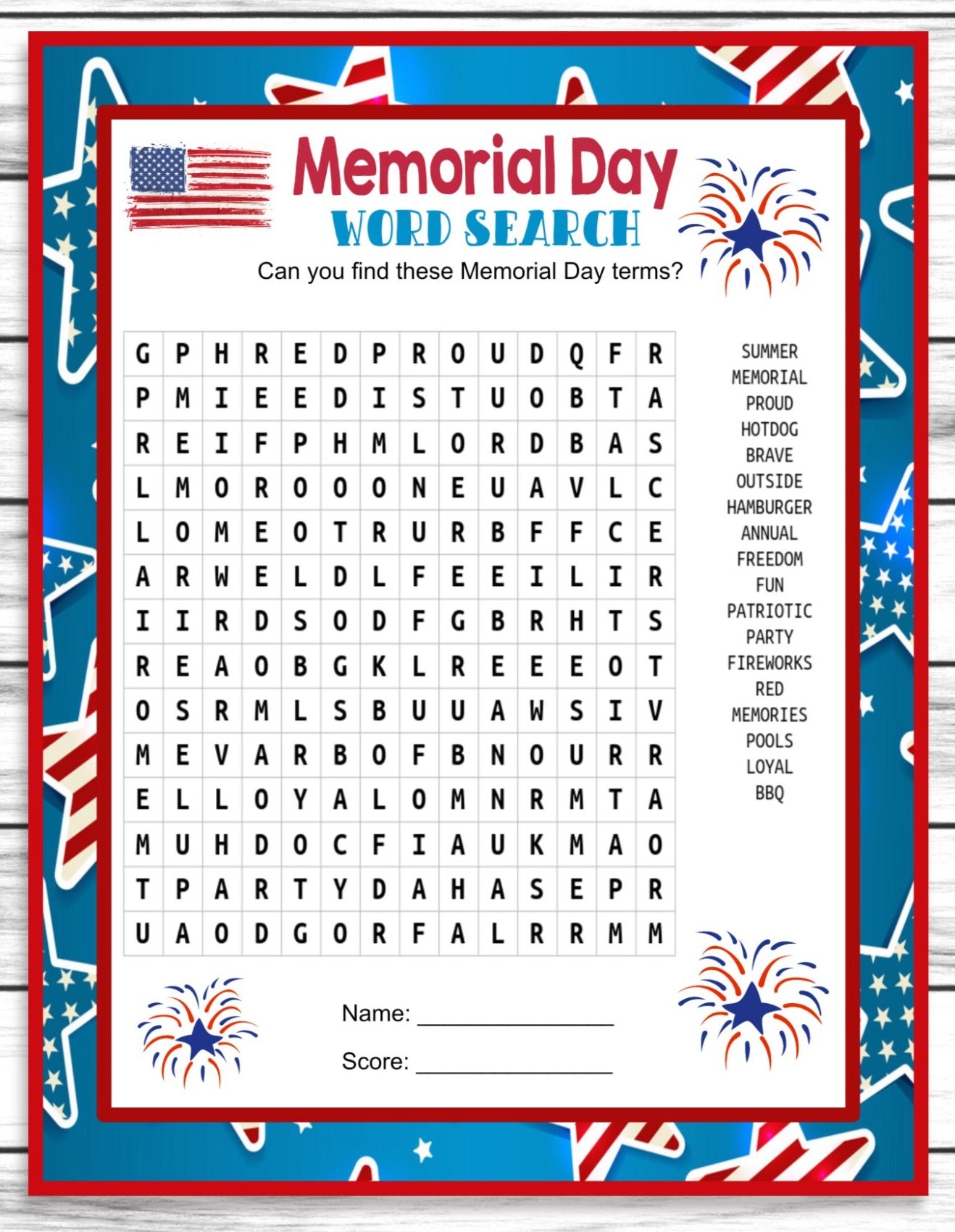 Memorial Day Word Search Game, Printable Kids Activity Sheet, Instant Download